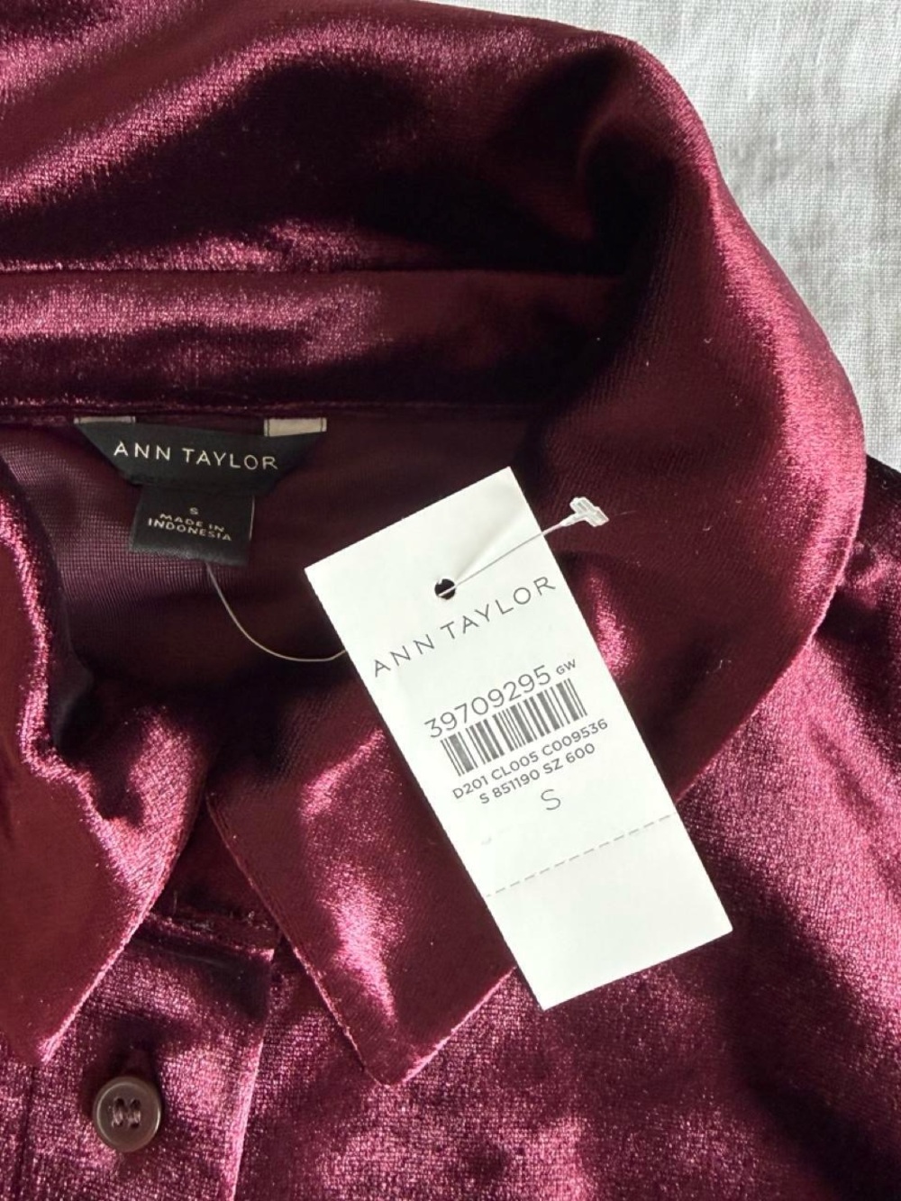 Ann Taylor Velvet Button-Front Shirt - Burgundy - Picture 3 of 3